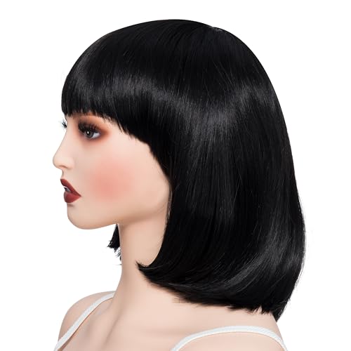 Image of Rose bud Black Wig Bob Straight 12 Inch Short Hair Cosplay Wigs for Women Costume Party Halloween