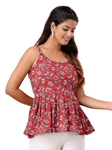 Image of feranoid Women Cotton Printed Sleeveless Strap Peplum Top