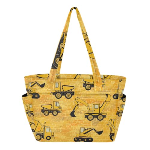 Bolsa de viaje para mujer con cremallera segura y estampado divertido de vehículos de obra