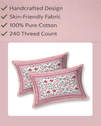 Image of ElanorHomes 180 TC Pure Cotton Pillow Covers Set of 2, Bedroom Pillows with Zip Closure, Soft Smooth Cool Breathable Pillowcases for Home (Pink Shalimar Glow)