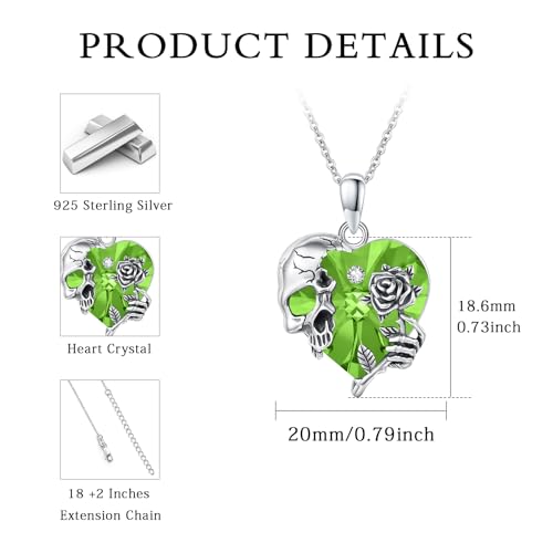 Image of S925 Sterling Silver Skull Pendant Necklace Heart Crystal Birthstone Skull Necklace Gothic Jewlery Gifts