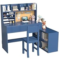 RUPOLX Wooden Blue Kids Study Desk and Chair Set, 2 Drawers and 4 Large Storage Cabinets, Children Corner Desk with 4 Open Hutch and Shelves, Girls Study Desks for Kids Bedroom