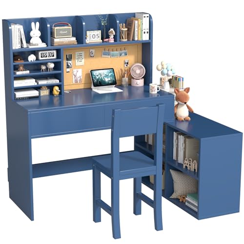 RUPOLX Wooden Blue Kids Study Desk and Chair Set, 2