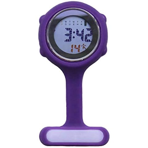 Digital Nurse Watch Fob for Women Men Multi Function, Infection Control Design, Silicone Nurses/Brooch/Tunic/Fob/Pocket/Carabiner Watch with Pin/Clip-On Nurse Doctor Paramedic Watch with Light Purple Cover