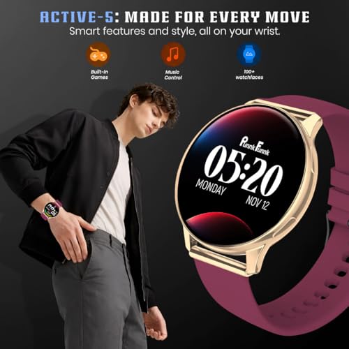 Image of PunnkFunnk Active 5 Smart Watch with 1.3 inch AMOLED HD Display | Bluetooth Calling, AI Voice Assistant, 100+ Sports Modes, Heart Rate & SPO₂ Tracking, IP68 Waterproof for Men & Women- (Maroon)