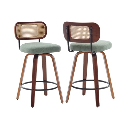 Image of Swivel Counter Height Bar Stools Set of 2, 26 inch Bar Chairs with Curved Rattan Back, Linen Upholstered Seat, Walnut Craftsmanship, Mid Century Modern Counter Stools for Kitchen Counter, Light Green