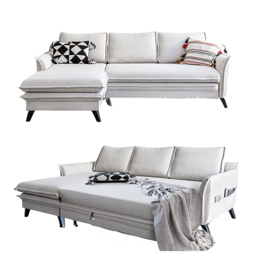 MIUFORM Charming Charlie mit Bettkasten und mit Bettfunktion | 4 Sitzer Sofa | L-form links | 228 x 150 x 90cm | Klappsofa mit Schlaffunktion | Schlafsofa klappbar (Beige)