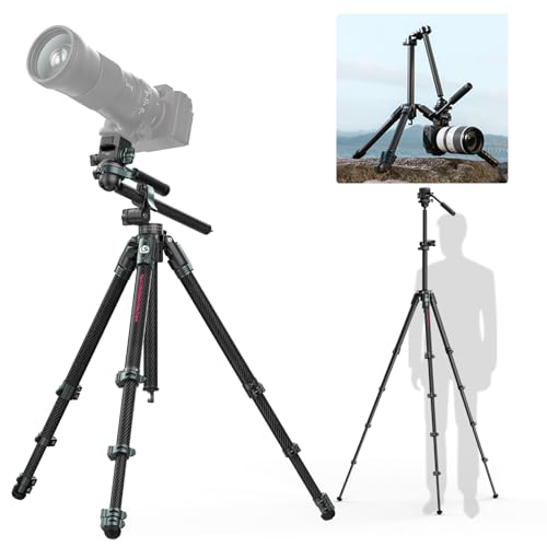 ULANZI JJ06 GlideGo Trépied vidéo en fibre de carbone, trépied de voyage avec tête fluide, double pano Pano Pan&-50°/+60°, avec plateau rapide Uka et poignée de tournevis, 18 kg max