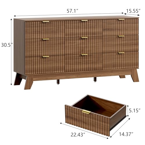 Image of Wodeer 9 Drawer Fluted Dresser for Bedroom, Mid Century Modern Wooden Dresser with 9 Drawers, Dressers & Chests of Drawers with Metal Handle, TV Stand & Storage Organizer for Entryway, Hallway, Walnut