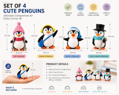 Image of Cute Penguin Miniature Showpiece Set of 4 Premium Resin Penguin Figurines for Home Decor Car Dashboard Office Desk Room Decoration Birthday Return Housewarming Gift