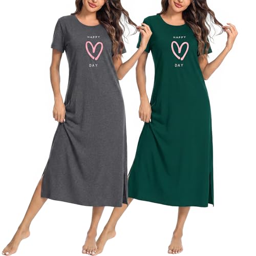 Chemise de nuit femme lot de 2 manches courtes en coton col rond imprimé cœur et fente latérale
