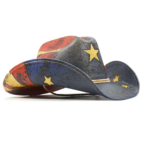 Image of Keilin Straw Cowboy Hat for Women and Men - American Flag Patriotic USA Western Hat 4th July Cowgirl Country Rodeo
