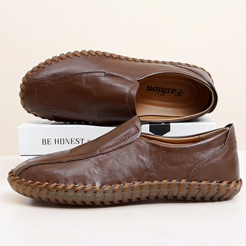 Men's Leather Hand-Sewn Flats Loafers, Comfortable Round Toe Flat Bottom Non-Slip Slip-On Driving Shoes Light Moccasin Flats Boat Shoes3
