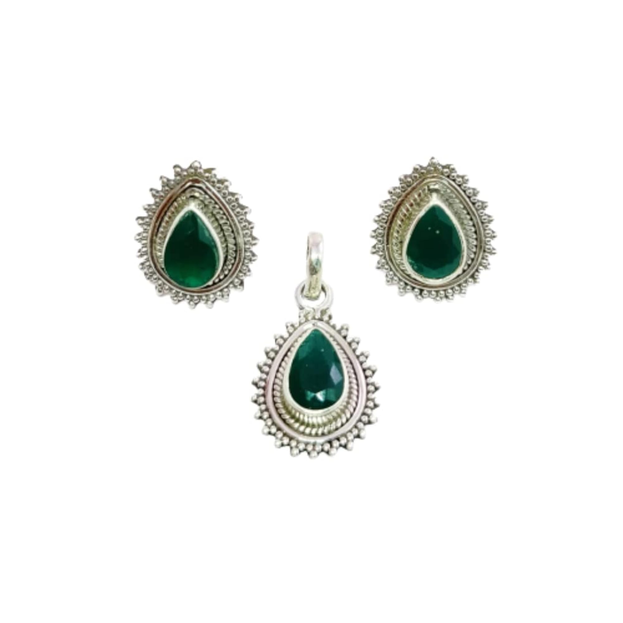 Paan Shape Rawa Work Pendant Set with Ruby, Emerald, Onyx, Pearl, Silver