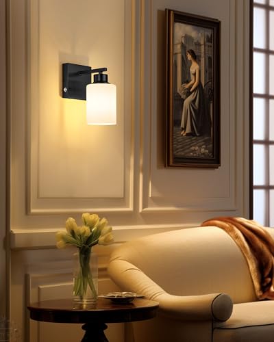 Image of Rayogale Wireless Battery Operated Wall Sconce Set of 2 with Remote Control | Black Dimmable Rechargeable Wall Lights with Timer, Easy Install White Glass Lamp for Living Room Bedroom, Emergency 3000K