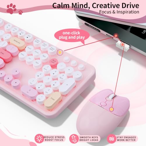 Image of Wireless Keyboard and Mouse, 104 Keys Full Size Typewriters Pink