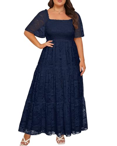 Plus Size Wedding Dress Bride Boho Lace Formal Square Neck Ruffle Sleeves Long Dresses for Curvy Women