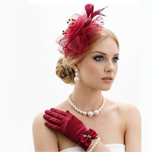 Image of DRESHOW 1920s Vintage Fascinators Hat for Women Veil Mesh Tea Party Derby Hat Bow Satin Gloves Pearl Jewelry Set for Cocktail
