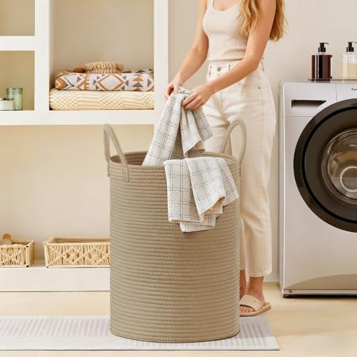 Image of 53L Tall Cotton Rope Laundry Basket with Handles, Jute
