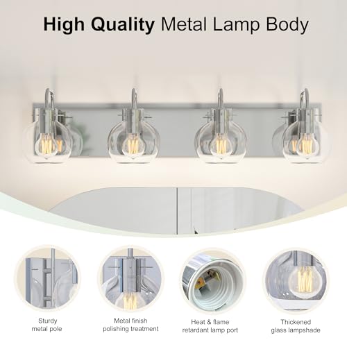 Image of Brushed Nickel Bathroom Light Fixtures, 4-Light Modern Vanity Light Over Mirror, Wall Sconces with Frosted Glass Shades, E26 Socket (Bulbs Not Included)
