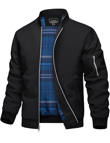 TACVASEN Bomber Jacket Men Black Jacket for Men Lightweight Lined Windbreaker Casual Outdoor Windproof Full Zip Warm Coats