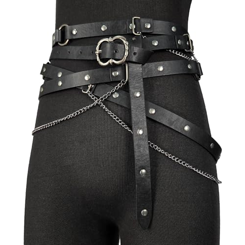 HiiFeuer Ceinture médiévale en faux cuir avec chaîne en métal, Ceinture fine réglable vintage pour femmes, Ceinture skinny rétro pour robes (Noir A)