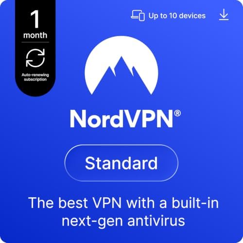 NordVPN Standard, 1 Month, 10 Devices, Best VPN, Next-Gen Antivirus, Amazon Subscription