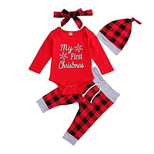 ZGHYBD My 1st Christmas, Newborn Baby Boys Girls Clothes Set Romper Hat Pants Striped Plaid Sets, Romper+ Pants + Bow Headband + Hat 4 Pcs Clothes Sets,Christmas Clothe Romper 12-18Months Red+Plaid Cover
