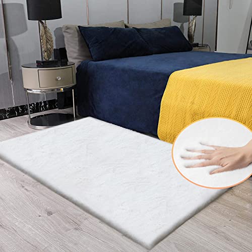 White Shaggy Bunny Fur Rugs for Living Room Washable Furry Area Rugs for Bedroom Nursery Rug 3x5 Teen Room Décor Boho Rug