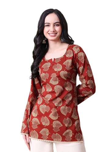 Image of MEERA FAB Women's Floral Printed Cotton Short Top | Floral Printed Kurta with Full Sleeves | Short Kurti for Women