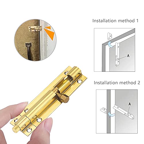 2 Pack Brass Bolt Lock Door Bolts Door Security Slide Latch Lock 3 Inch with Stainless Steel Screws for Bathroom Fences Shed Doors Windows (Gold)