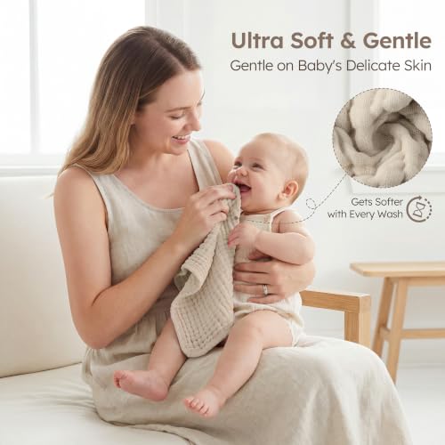 Image of Yoofoss Muslin Burp Cloths for Baby 10 Pack 100% Organic Cotton Baby Washcloths for Boys Girls Large 20''X10'' Super Soft and Absorbent Apricot White