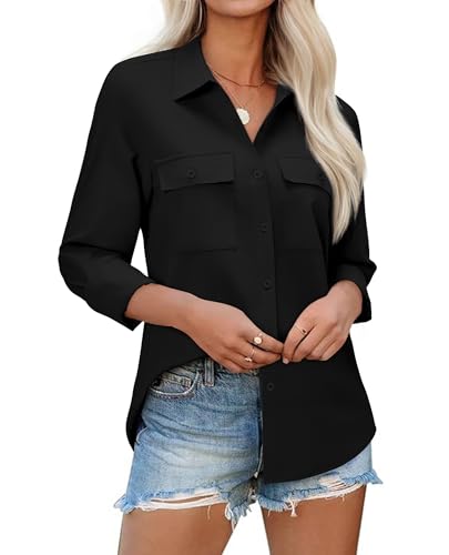 Women's Button Down Blouse Long Sleeve Dress Shirts for Work Office Business Casual Chiffon Tops