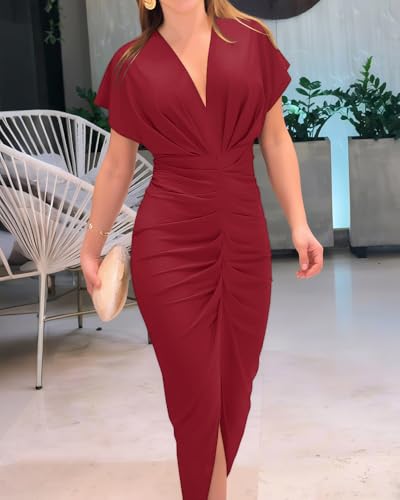 Image of CHICME Summer Dresses for Women Floral Print Plunge V Neck Midi Dress Casual Ruched Slit Bodycon Party Dress