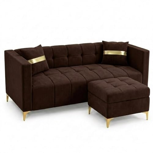 Image of FURNY Styliving 4 Seater L Shape Sofa Set with Movable Ottoman & Golden Legs | Flexible Left or Right Layout | Plush Velvet Fabric (Dark Brown) | Perfect for Living Room, Guest Room & Office