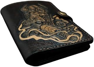 Vikings Long Wallet, Hand-tooled biker wallet, motorbike wallet, Long Wallet, unique carving natural leather wallet, 3D Genuine Leather Wallet, Hand-Carved