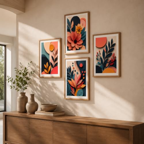Image of Livin'luxe Set of 4 Abstract Botanical Floral Wall Paintings with Sparkle Laminate and Premium Wooden Synthetic Frame for Living Room Bedroom Office Decor (13.5 x 19.5 Inch)