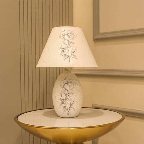 Image of ELARE Ceramic Base Floral Table Lamp with Fabric Shade, Rose Artwork Design, Includes LED Bulb, Inline Switch, Anti-Slip Base - 36cm