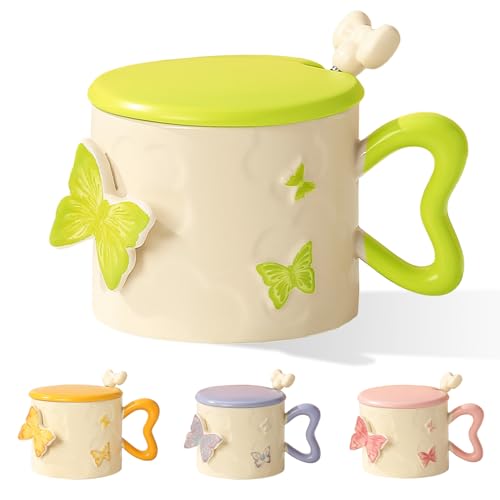 Taza de café de mariposa, taza de cerámica verde 350 ml, 3D de mariposas taza de cerámica con tapa y cuchara, taza para leche, café, zumo, dulces regalos para niñas, mamá, novia