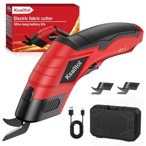 Ksalltol Electric Scissors for Cardboard Cutting, 3000mAh cell 12000RPM High-Power Box Cutter with Dual Blades & Safety Lock Suitable for fabrics, cardboard, plastics, leather, carpets red