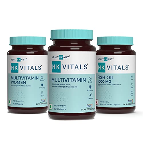 Image of HealthKart HK Vitals Multivitamin with Multimineral, Amino Acids, Taurine and Ginseng, 60 Tablets + Multivitamin for Women, 60 Tablets + Fish Oil, 1000 mg Omega 3 60 Capsules (Combo Pack)