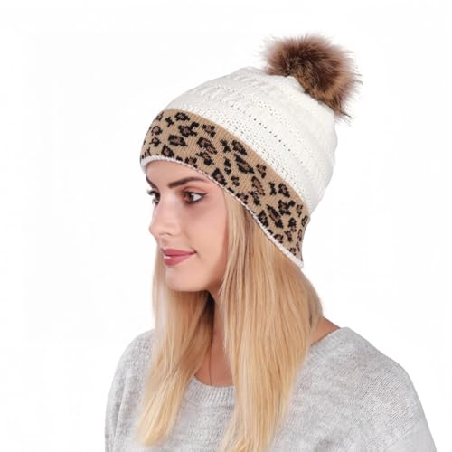 ZKYUCH Moda Invierno Leopardo Mujeres Sombrero Caliente De Punto Gorros Cap Niña Pom Pom Gorro Femenino Grueso Señora con Bola De Pelo,Color3