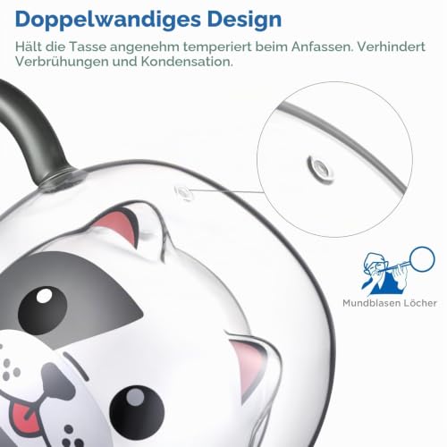 ecooe Hund Tasse Doppelwandige Gläser 280ml Latte Macchiato Gläser mit Löffel Kaffeetasse Doppelwandig Süße Tasse Hund Kaffeeglas Teegläser… – Ansicht 2