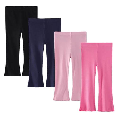 Image of Baby Toddler Girl Flare Pants 4 Pack Girls Ribbed Cotton Leggings | Soft & Stretch,Wide Leg,Comfy Elastic Waistband,Pull-On Style,Solid Color,Ruffle Bell Bottom Pants,Casual Fall Winter Clothes