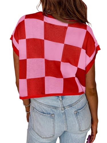 Image of Saodimallsu Womens Cap Sleeve Crop Tops Summer Color Block Going Out Crew Neck Knit Trendy Casual Sweater
