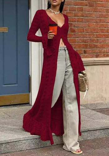 Image of Unybwonn Long Cardigans for Women Crochet Hollow Out Knit Sweater Cover up Maxi Dress Long Sleeve Button Down Cardigan
