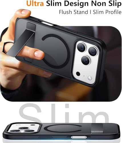 Image of Elzzi Translucent Matte Kickstand Case for iPhone 17 Pro, Built-in Adjustable Camera Stand, Magnetic MagSafe Shockproof Phone Cover (Black)