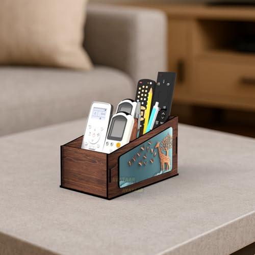 Image of Multipurpose Wooden Remote Stand Organizer with 3 Compartments, Premium Engineered Wood Desk Organizer for TV /AC Remotes, Stationery, Charger, Home & Office Use (Dark Walnut-2)