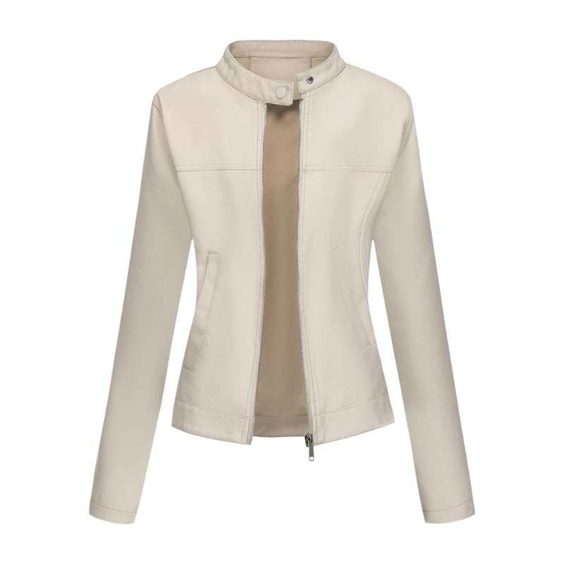 bifanxi Women’s Slim Fit Genuine Leather Jacket with Stand Collar and Pockets Motorcycle Style | off white | XL-picture-14