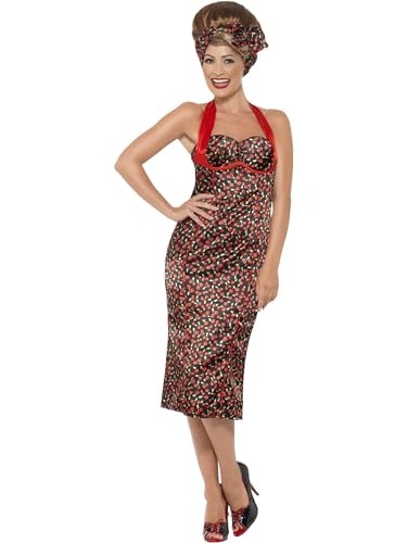 Smiffys Traje de Rockabilly, estampado de Cereza, con Vestido Entubado y Pañuelo a la Cabeza
